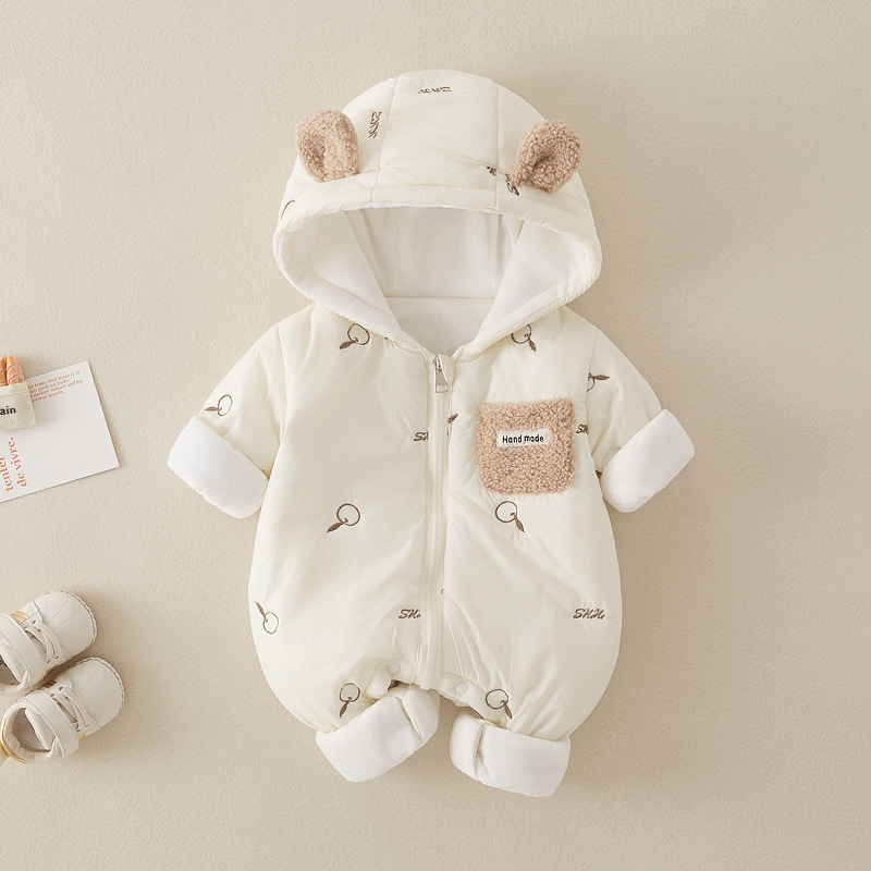 Baby Boy/Girl Winter Allover Apple Pattern and Bear Ears Design Long Sleeve Hooded Romper-kissminis