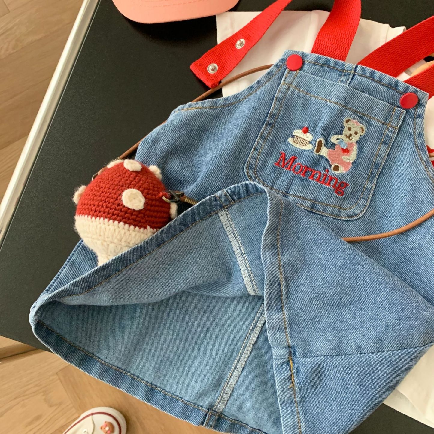 Baby Toddler Girl Block Color Suspender Pocket Embroideried Bear Denim Drress & Casual Large Rabbit Print T-shirt Set
