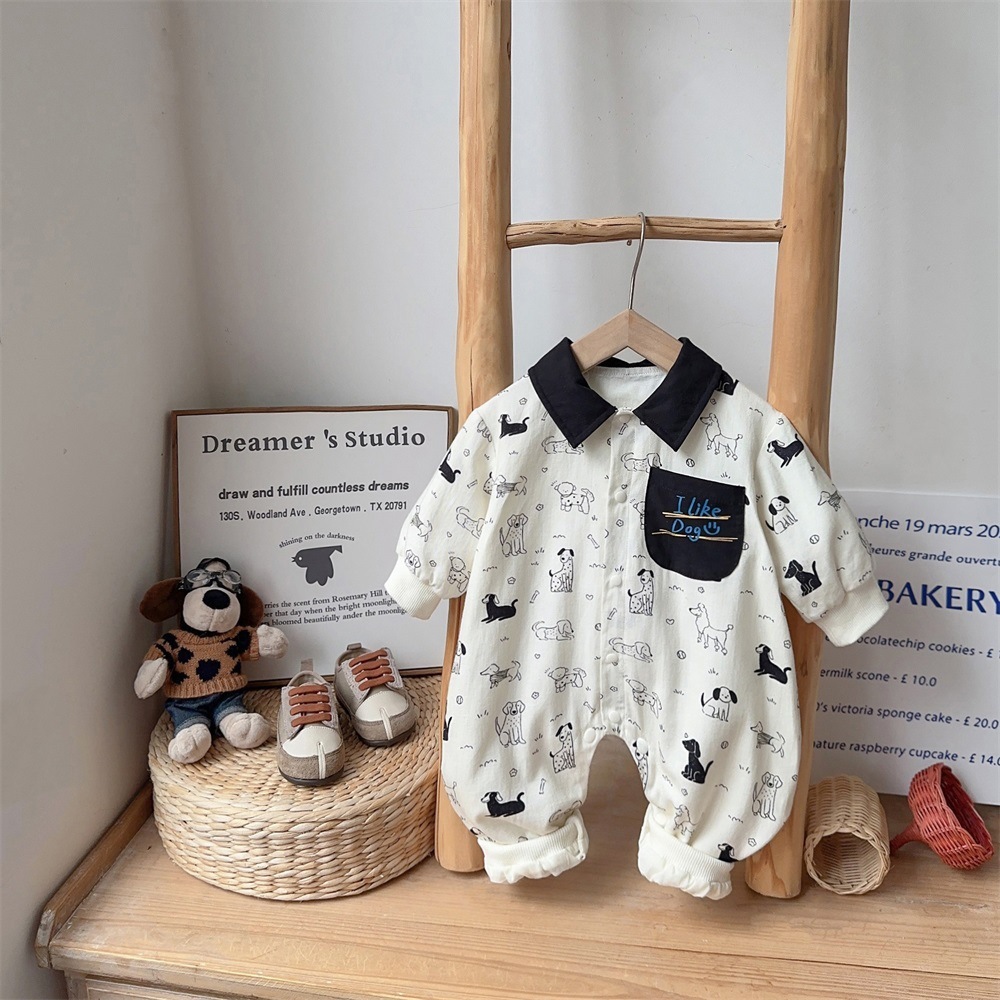 Black Collar and Dog Print Pocket Detail Romper