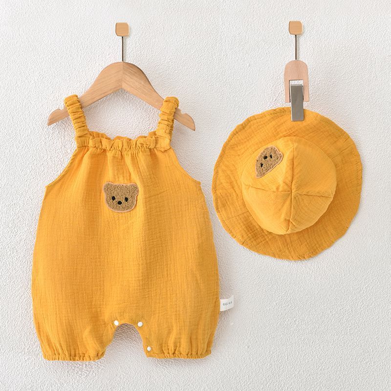 2pcs Baby Boy/Girl Bear Print Thin Crawl Romper with Hat-kissminis