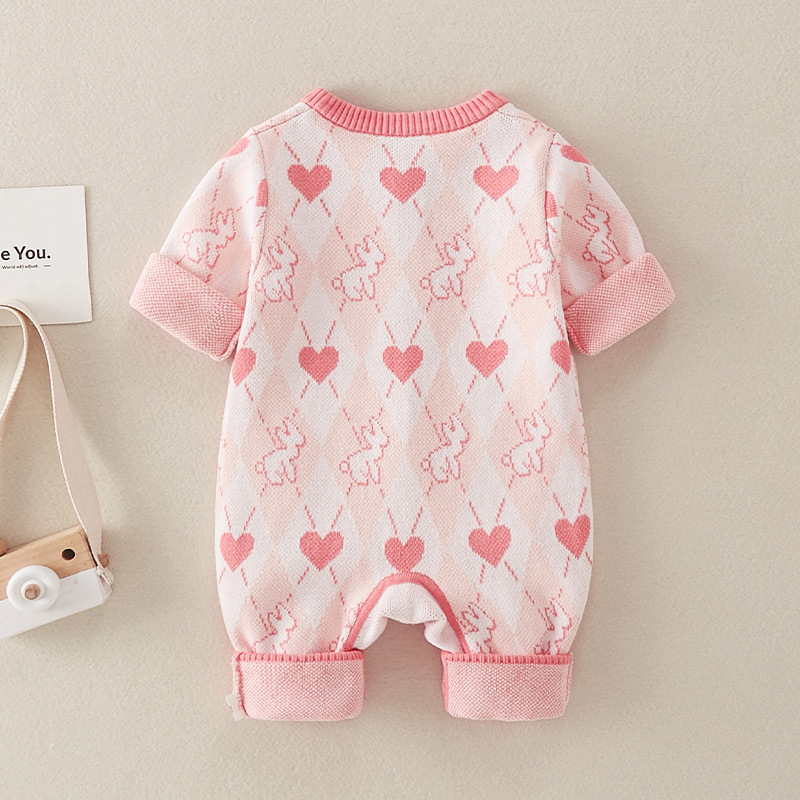 New Born Baby Girl Rabbit & Heart Pattern Button Up Knitted Romper