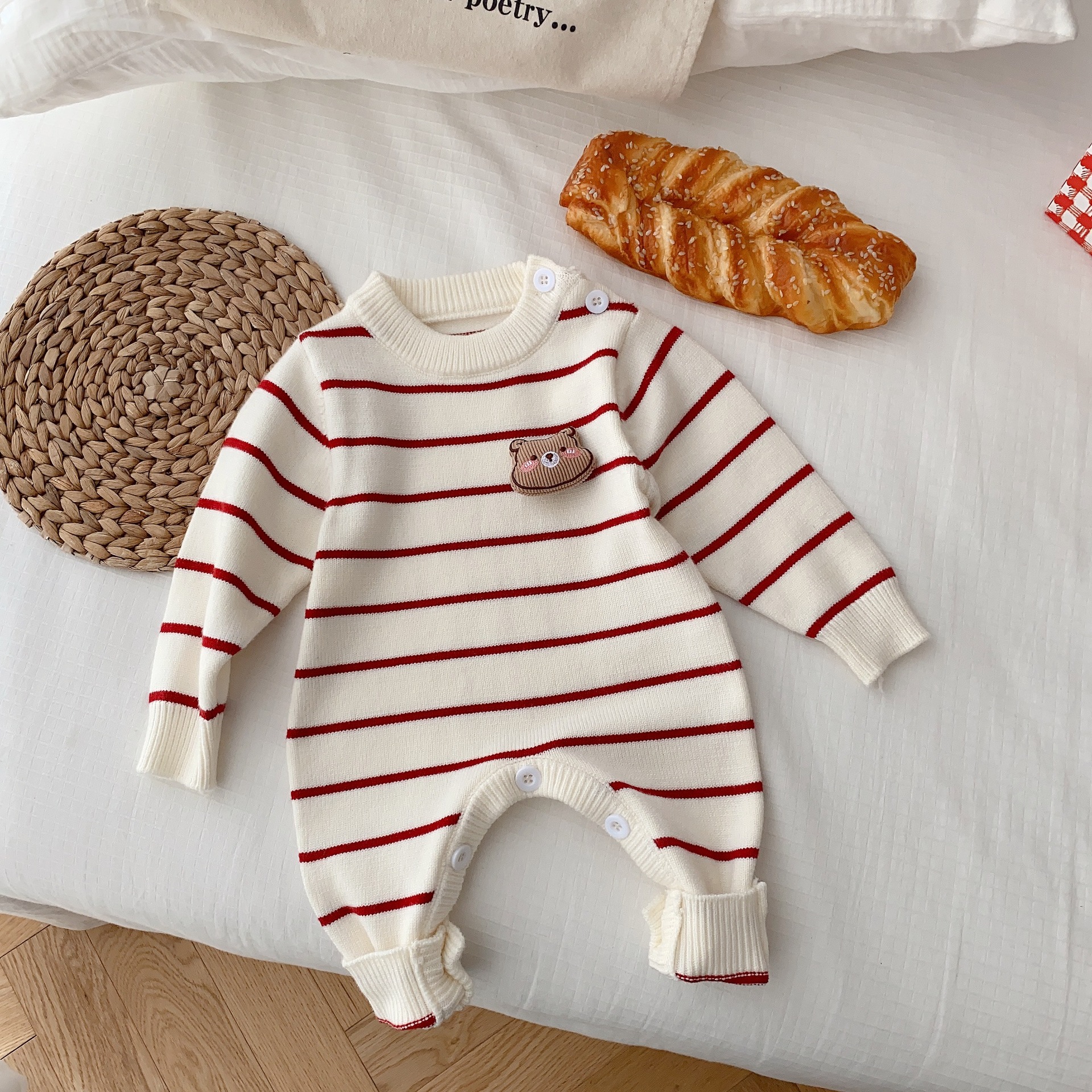 Baby Boy/Girl Cute 3D Bear Solid Color Striped Long Sleeve Romper-kissminis