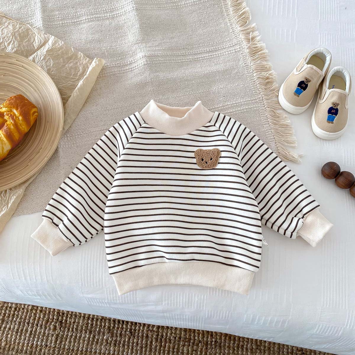 Toddler Boy/Girl Cute Bear Print Striped Long Sleeve Sweatshirt and Solid Color Pants-kissminis