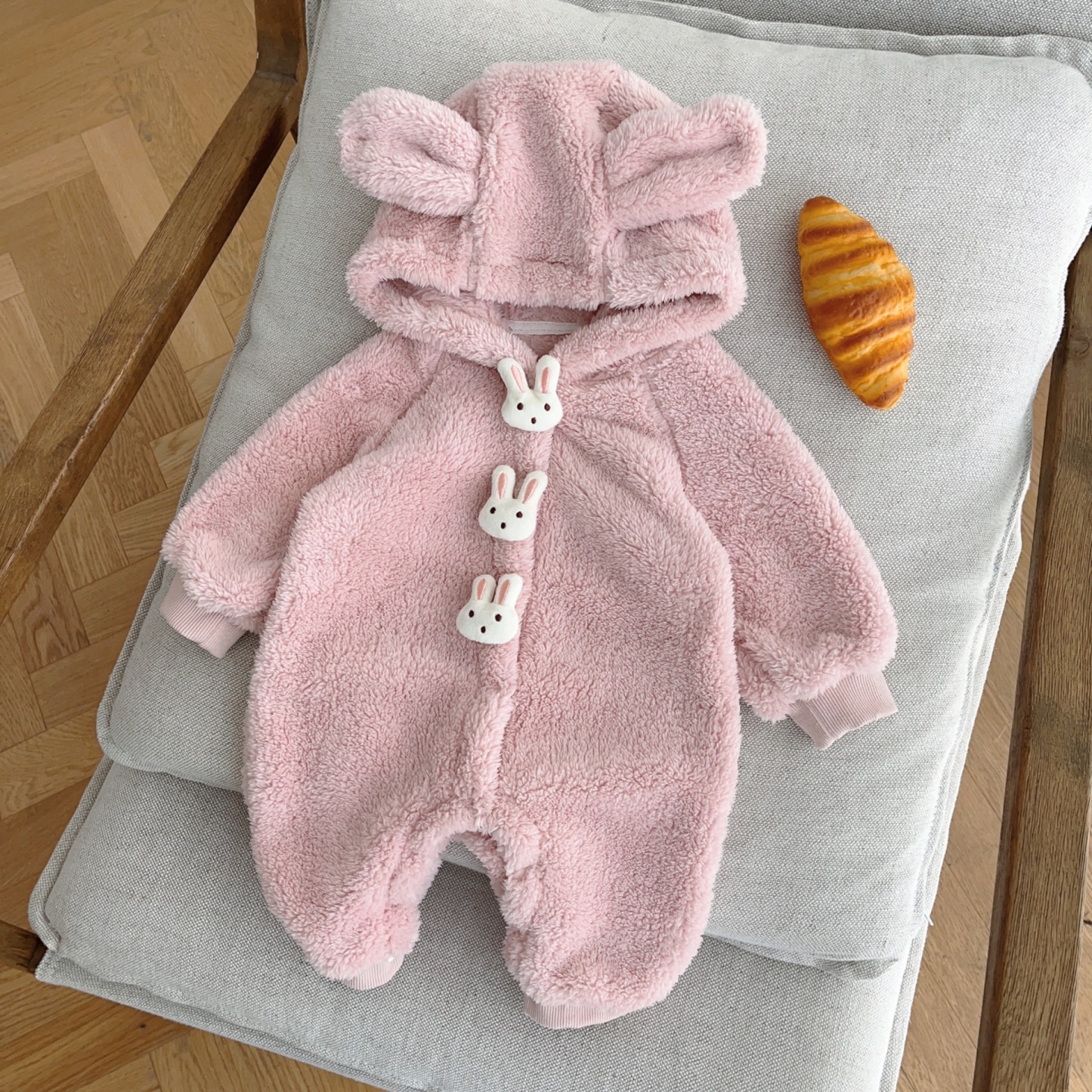 Baby Boy/Girl Ears Design Animal Graphic Solid Color Fleece Long Sleeve Hooded Romper-kissminis