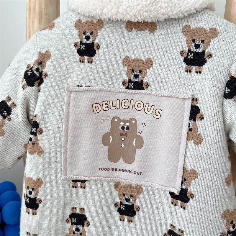 Baby Boy/Girl Winter Polo Collar Allover Bear Print Long Sleeve Fluff Romper-kissminis