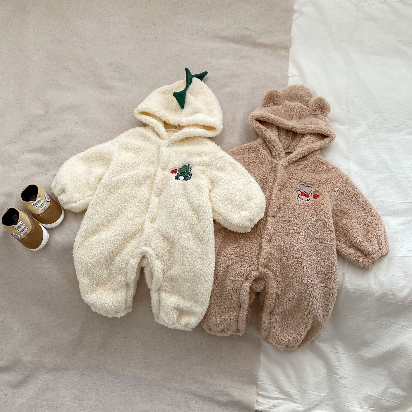 Baby Winter Fleece Dinosaurs Bear Pattern Hooded Romper-kissminis