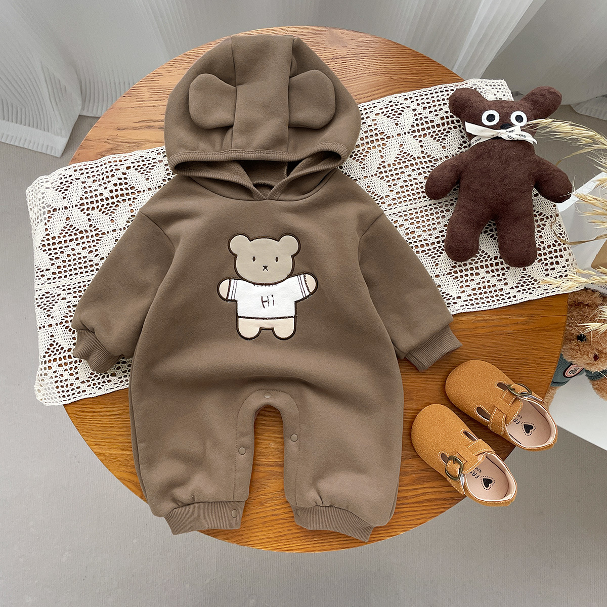 Baby Boy/Girl Cartoon Bear Graphic Thicken Hooded Long Sleeve Romper-kissminis