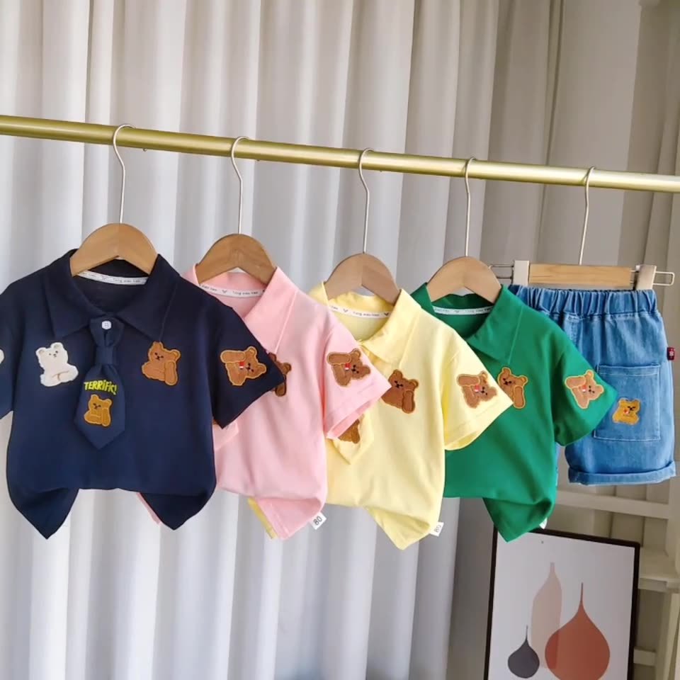 2pcs Bear Embroidery and Tie Detail Denim Shorts Set