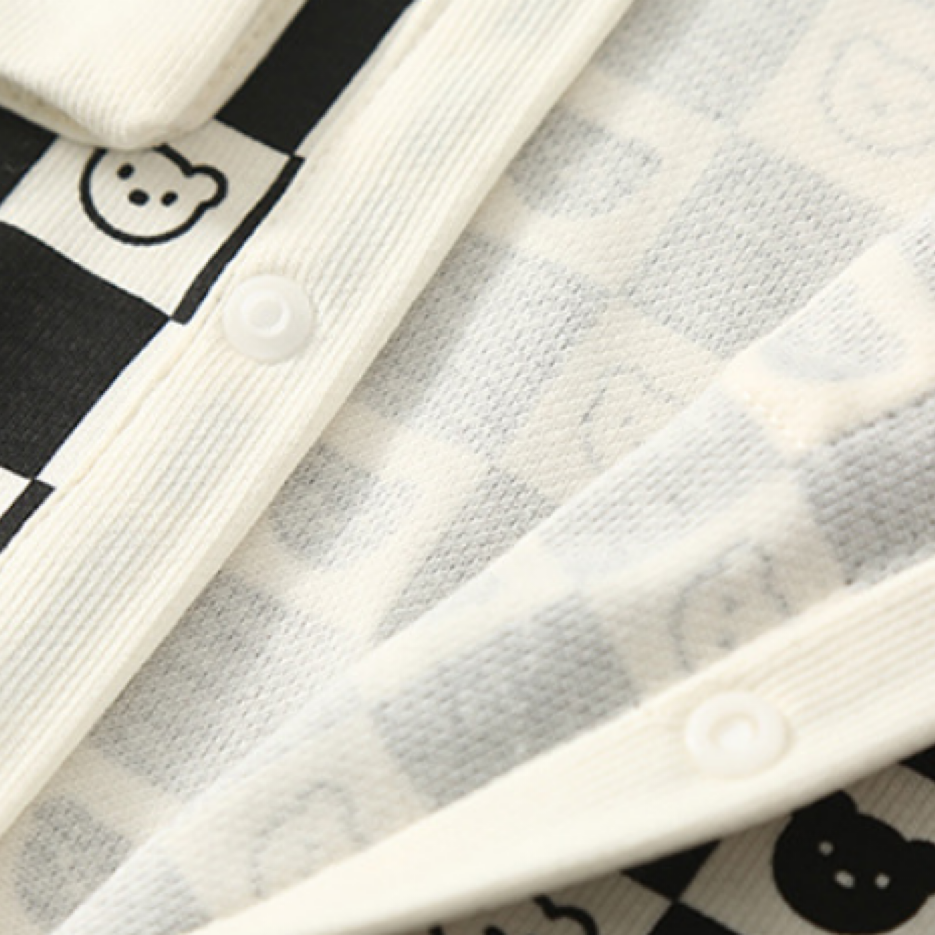 Baby Boy/Girl Gingham White Black Bear Graphic Long Sleeve Romper-kissminis