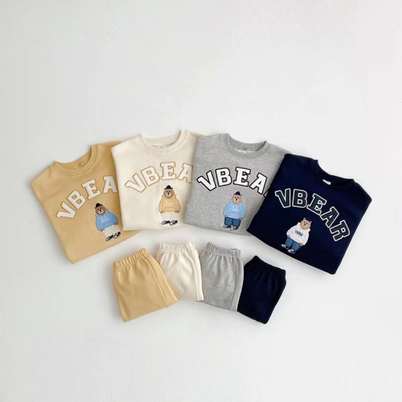 2pcs Toddler Boy/Girl Cute Bear and Letters Print Solid Color Long Sleeves Sweatshirt and Pants Set-kissminis