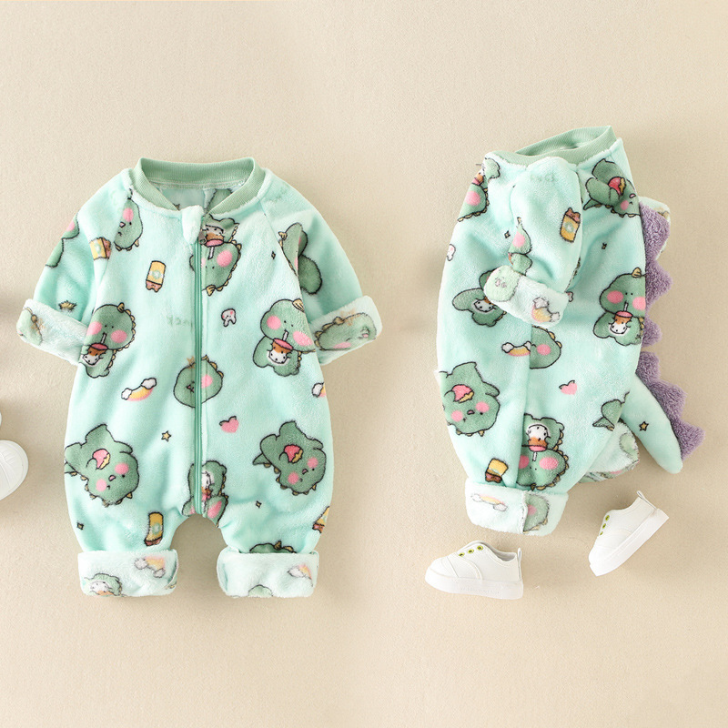 Baby Boy & Girl Dinosaur Graphic Flannel Zippered Long Sleeve Romper-kissminis