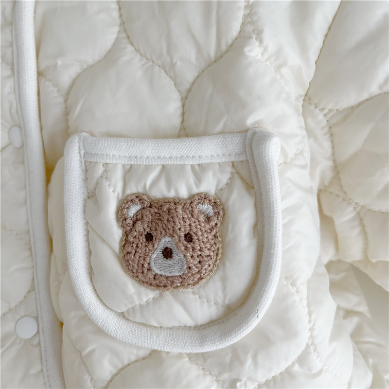 3pcs Baby Boy/Girl Cute Bear Pattern Pocket Solid Color Fluff Long Sleeve Romper with 1 Hat and 1 Scarf-kissminis