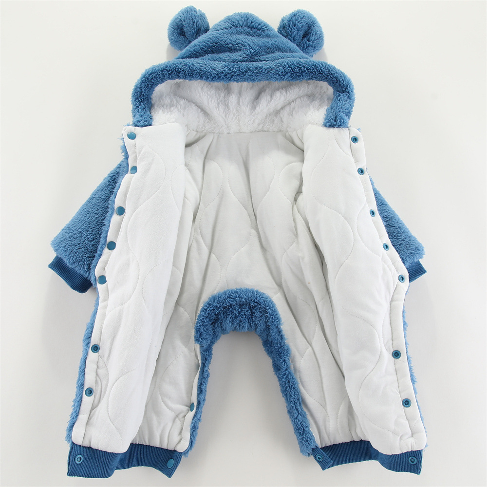 Baby Boy/Girl Winter Thicken Bear Patch Long Sleeve Fluff Hooded Romper-kissminis
