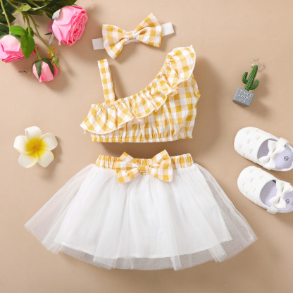  Baby Ruffle sleveless Top & Bow Mesh Flare Skirt Set