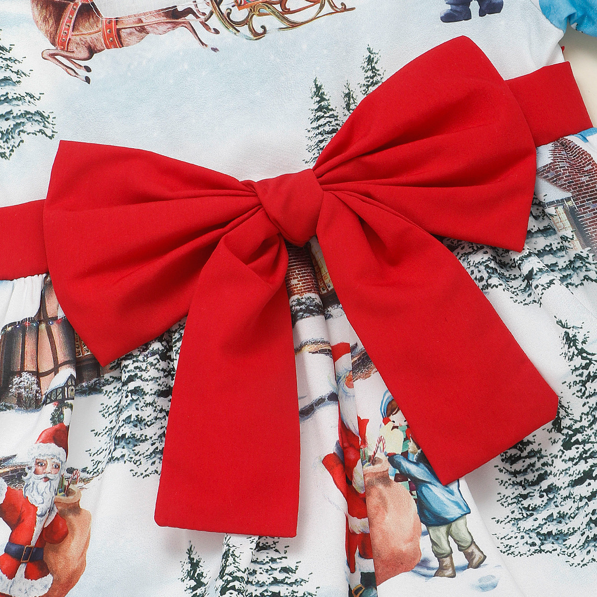 Baby Toddler Girl Christmas Cartoon Print Bowknot Short Sleeve Dress-kissminis