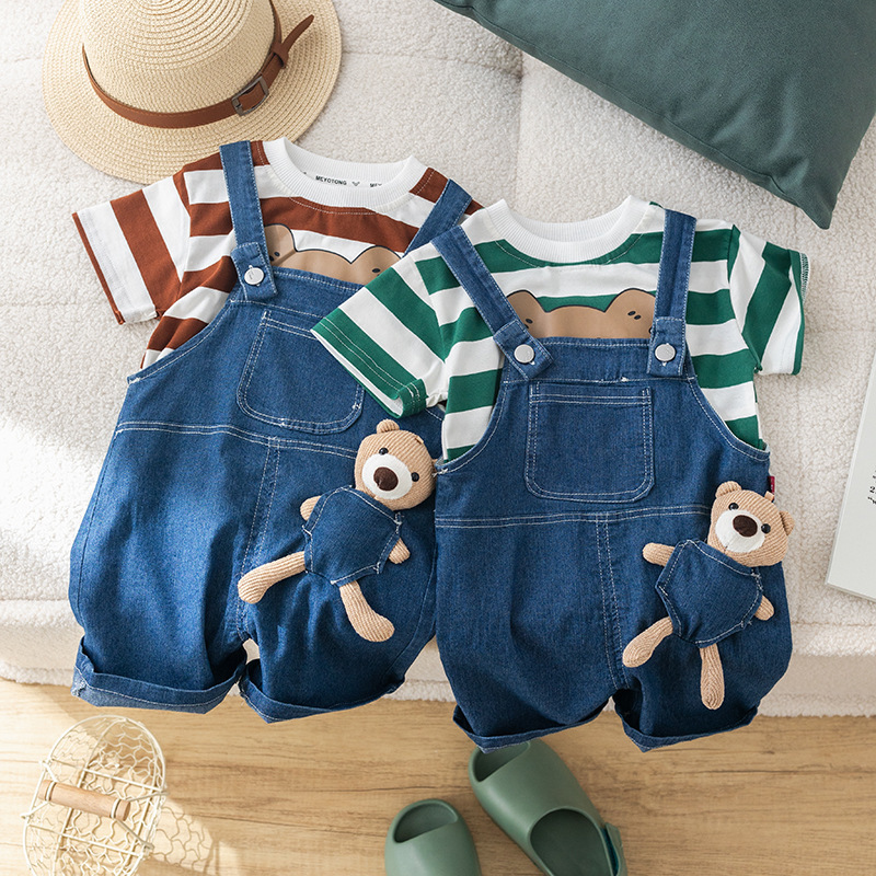 2pcs Baby Striped Bear T-shirt with Denim Pants Set -kissminis