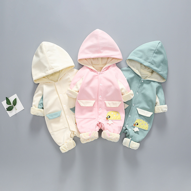Baby Boy/Girl Cartoon Graphic Pocket Design Hooded Hooded Long Sleeve Romper-kissminis