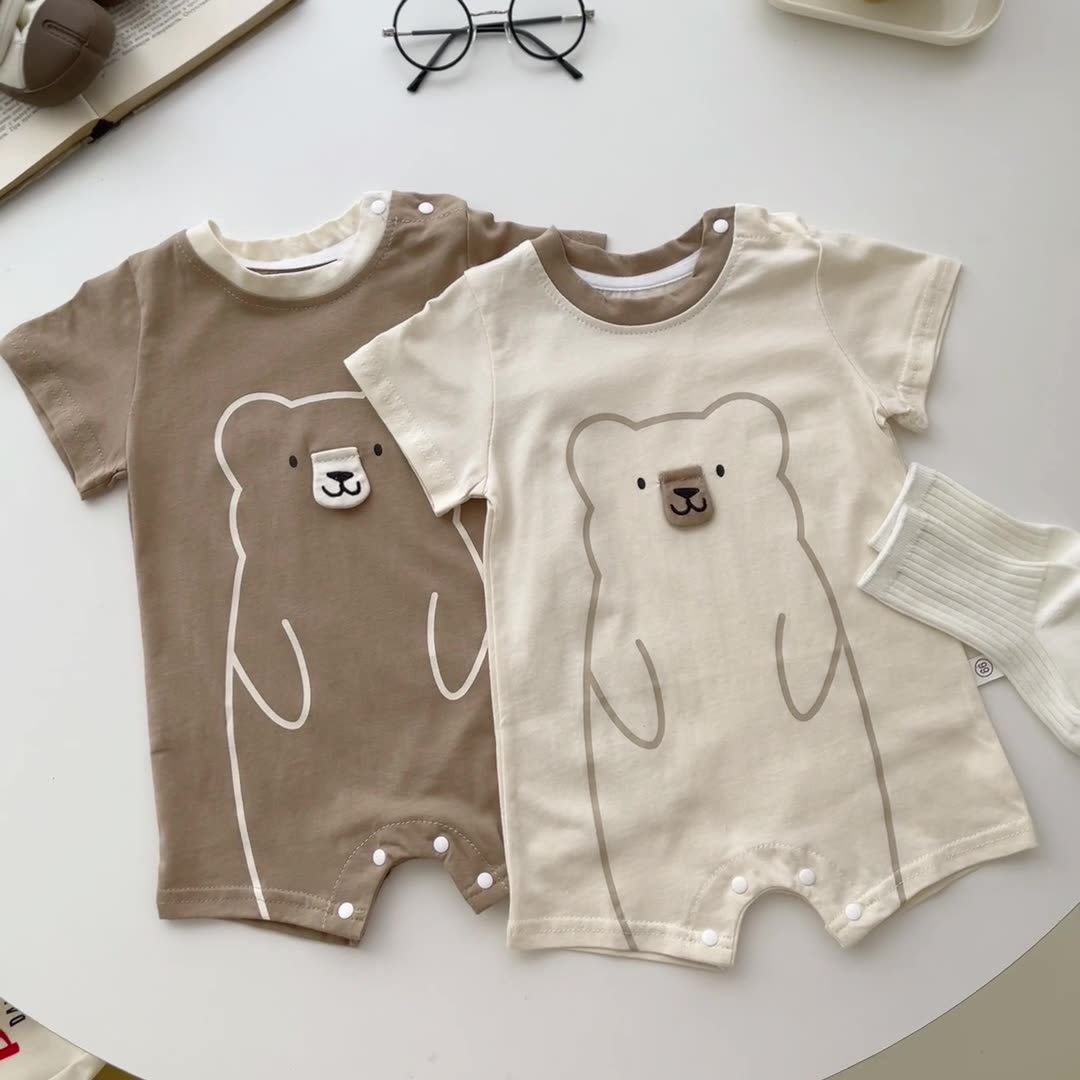 Baby Bear Pattern Solid Color Short Sleeve Romper-kissminis