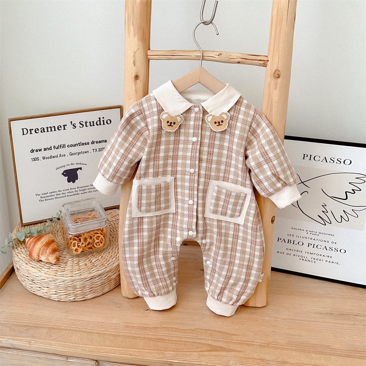 Bear-shaped Collar Decorations Gingham Romper