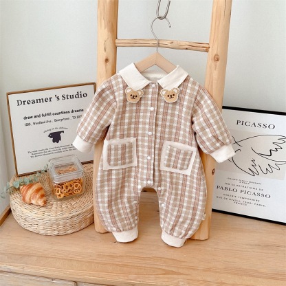 Bear-shaped Collar Decorations Gingham Romper