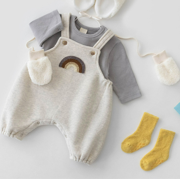 2pcs Baby Boy/Girl Rainbow Suspender Long Sleeve Romper and T-shirt Set-kissminis