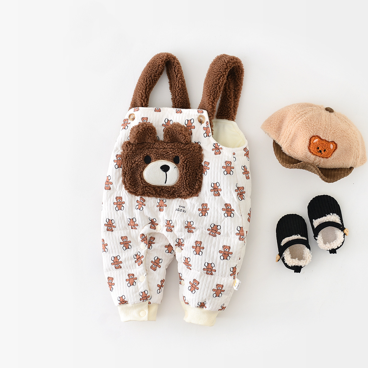 Winter Thicken Baby Boy/Girl Allover Cartoon Bear Pattern Overalls-kissminis