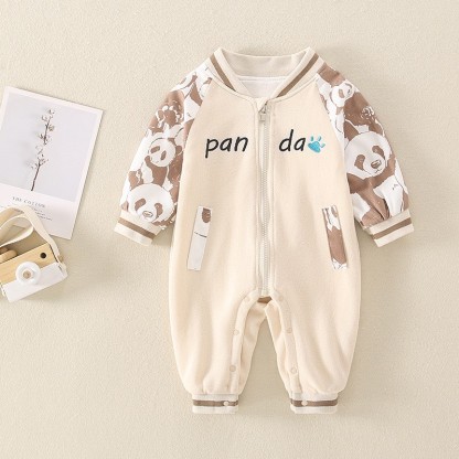 Baby Boy/Girl 3D Suspender Panda Pattern Long Sleeve Zipped Baseball  Romper