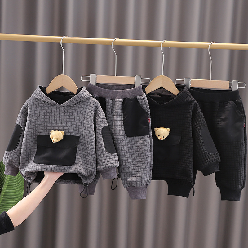Toddler Boy Cute 3D Bear Pattern Solid Color Two-Piece Set-kissminis