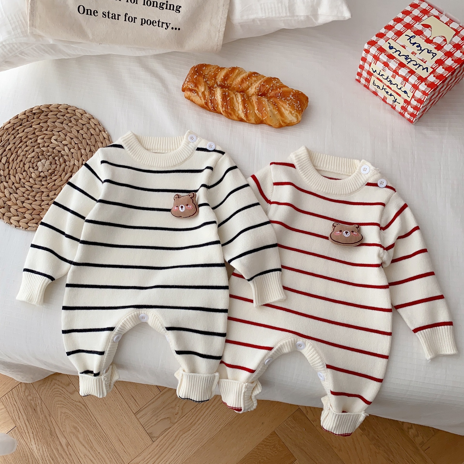 Baby Boy/Girl Cute 3D Bear Solid Color Striped Long Sleeve Romper-kissminis