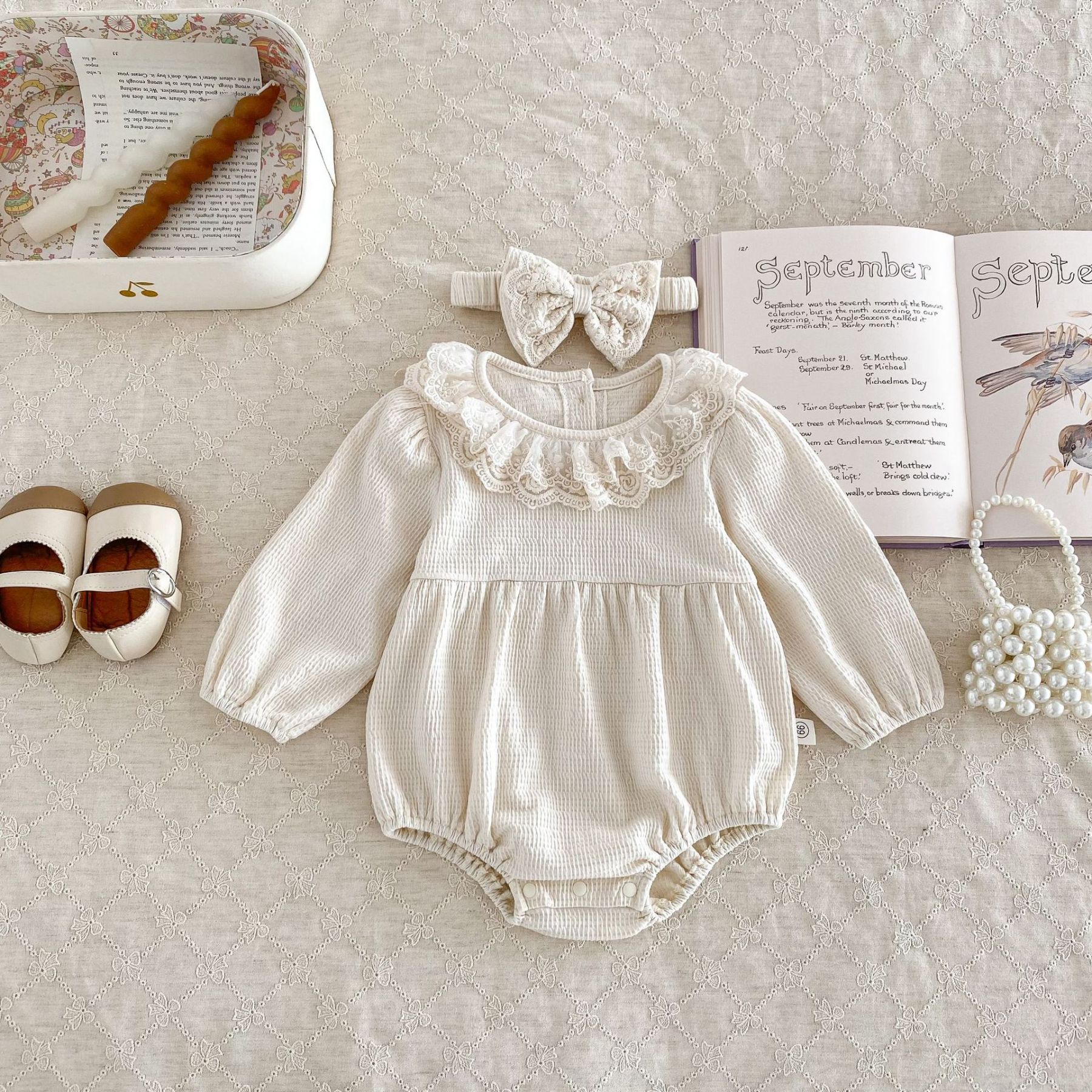 Baby Girl Waffle Lace Solid Color Long Sleeve Bodysuit-kissminis