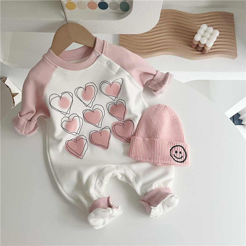 Baby Girl Heart Print Graphic Fluff Block Color Long Sleeve Romper