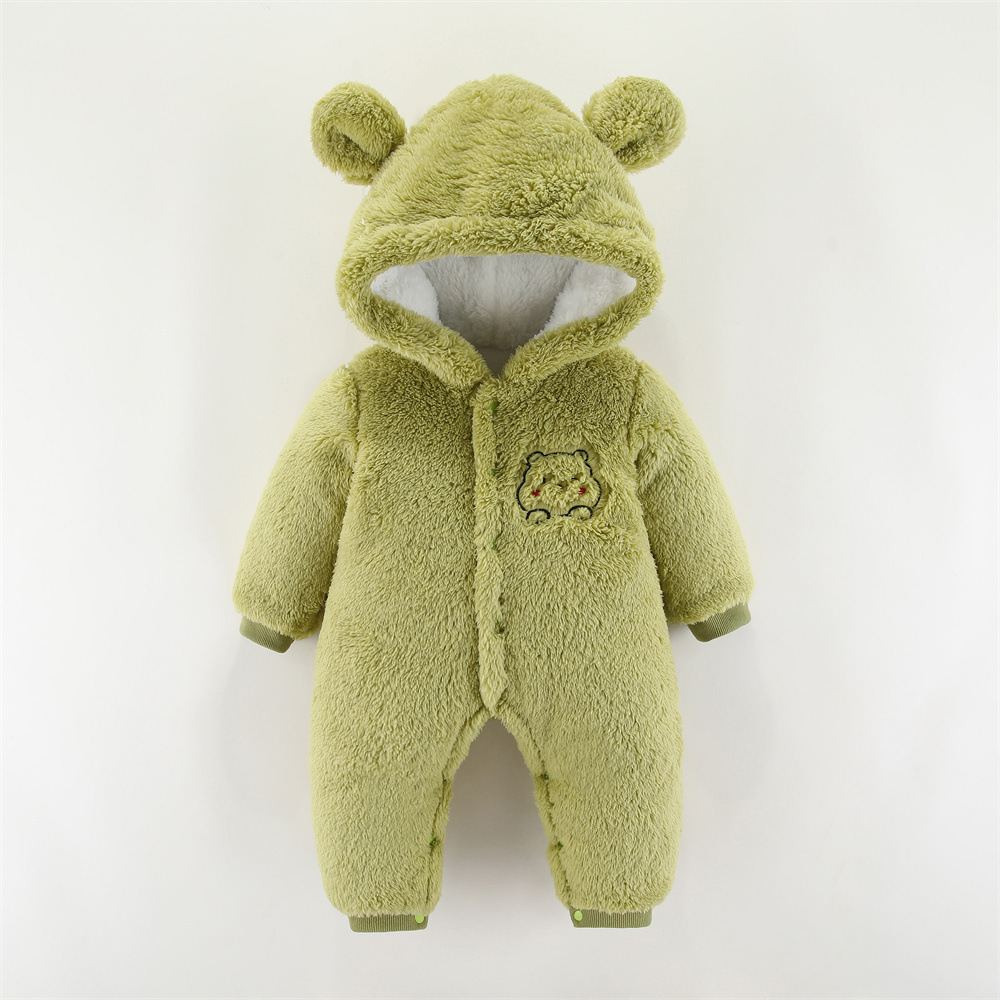 Baby Boy/Girl Winter Thicken Bear Patch Long Sleeve Fluff Hooded Romper-kissminis