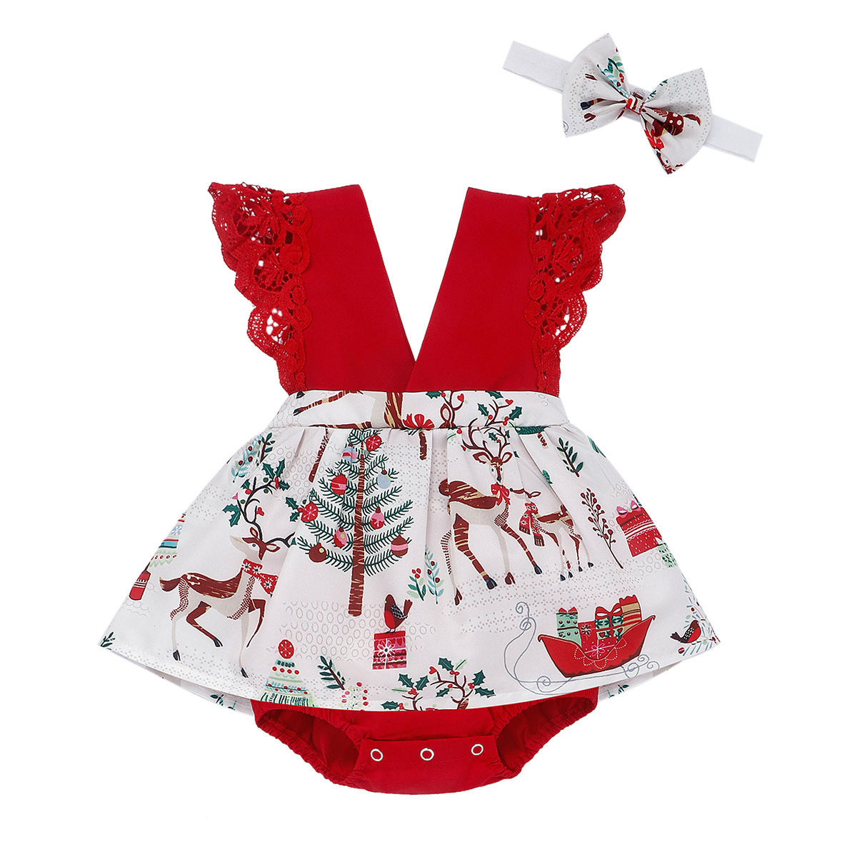 2pcs Baby Girl Christmas Cartoon Lace Sleeveless Romper with Hair Band Set-kissminis