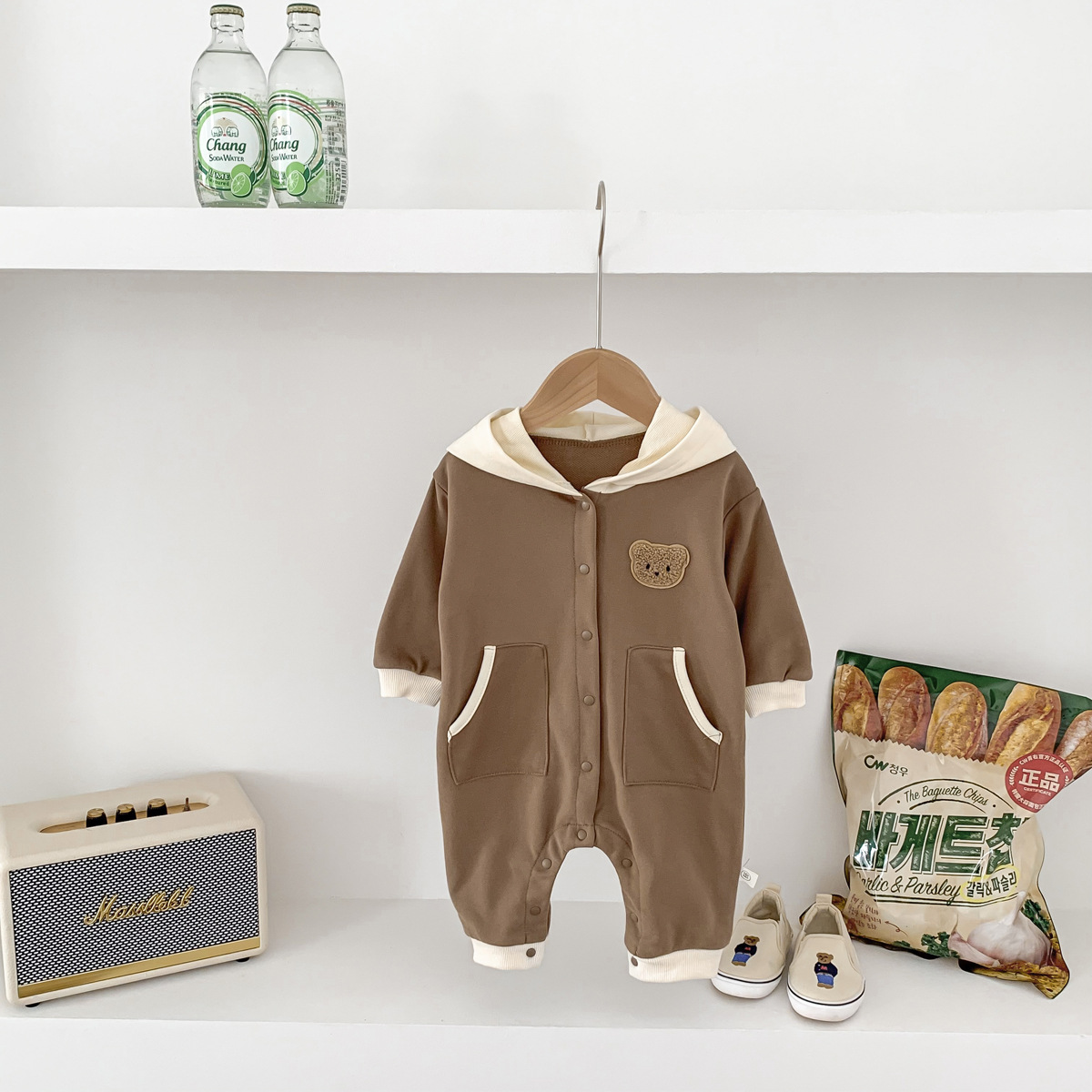 Baby Boy/Girl Cartoon Bear Graphic Hooded Long Sleeve Romper-kissminis