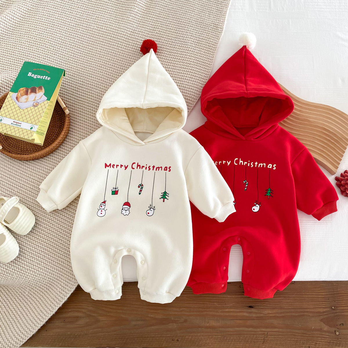 Baby Boy/Girl Christmas Cartoon Print Hooded Long Sleeve Romper-kissminis
