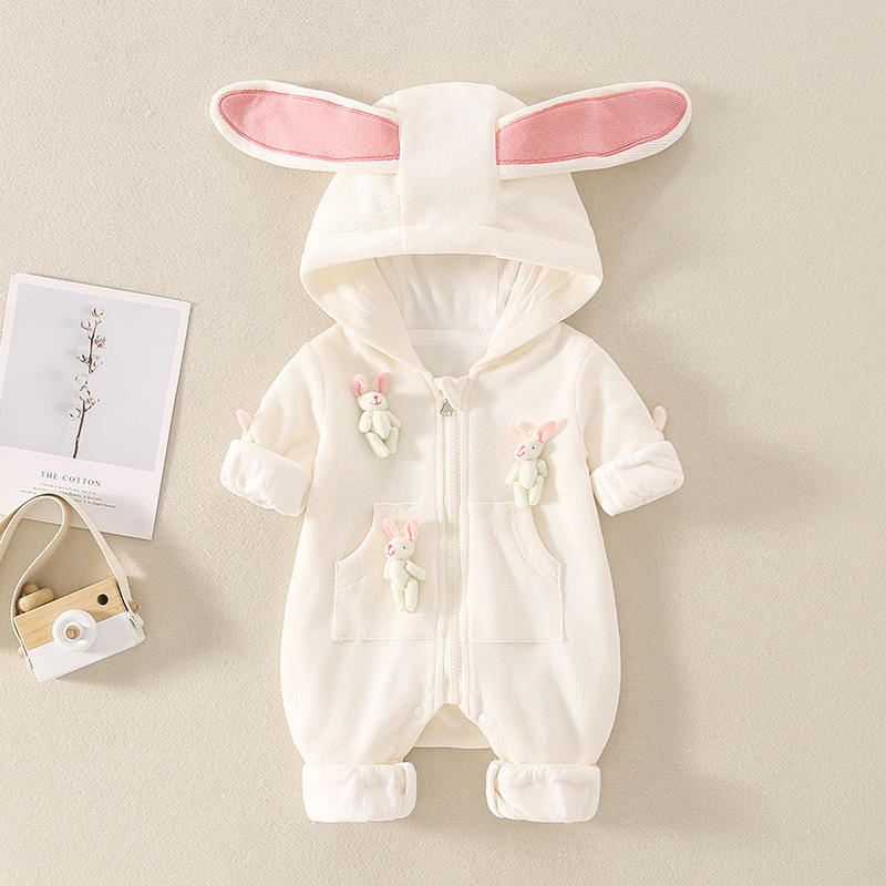 Baby Girl Cute 3D Rabbit Zippered Long Sleeve Romper-kissminis