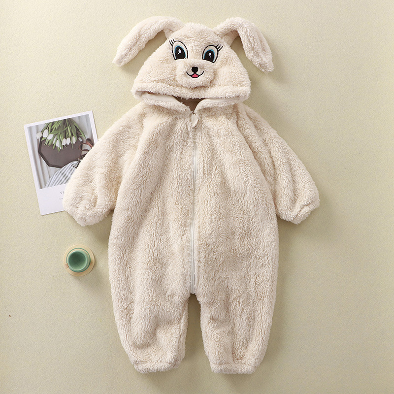 Baby Boy/Girl Cute Panda/Rabbit Design Solid Color Fluff Long Sleeve Hooded Romper-kissminis