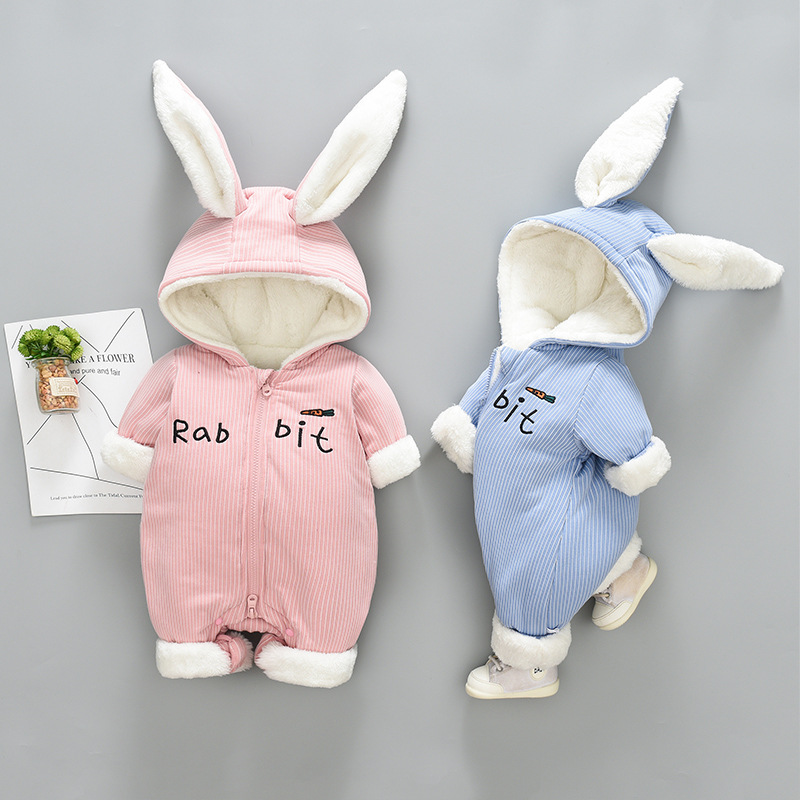 Baby Boy/Girl Winter Thicken Cute Rabbit Design Long Sleeve Hooded Romper-kissminis