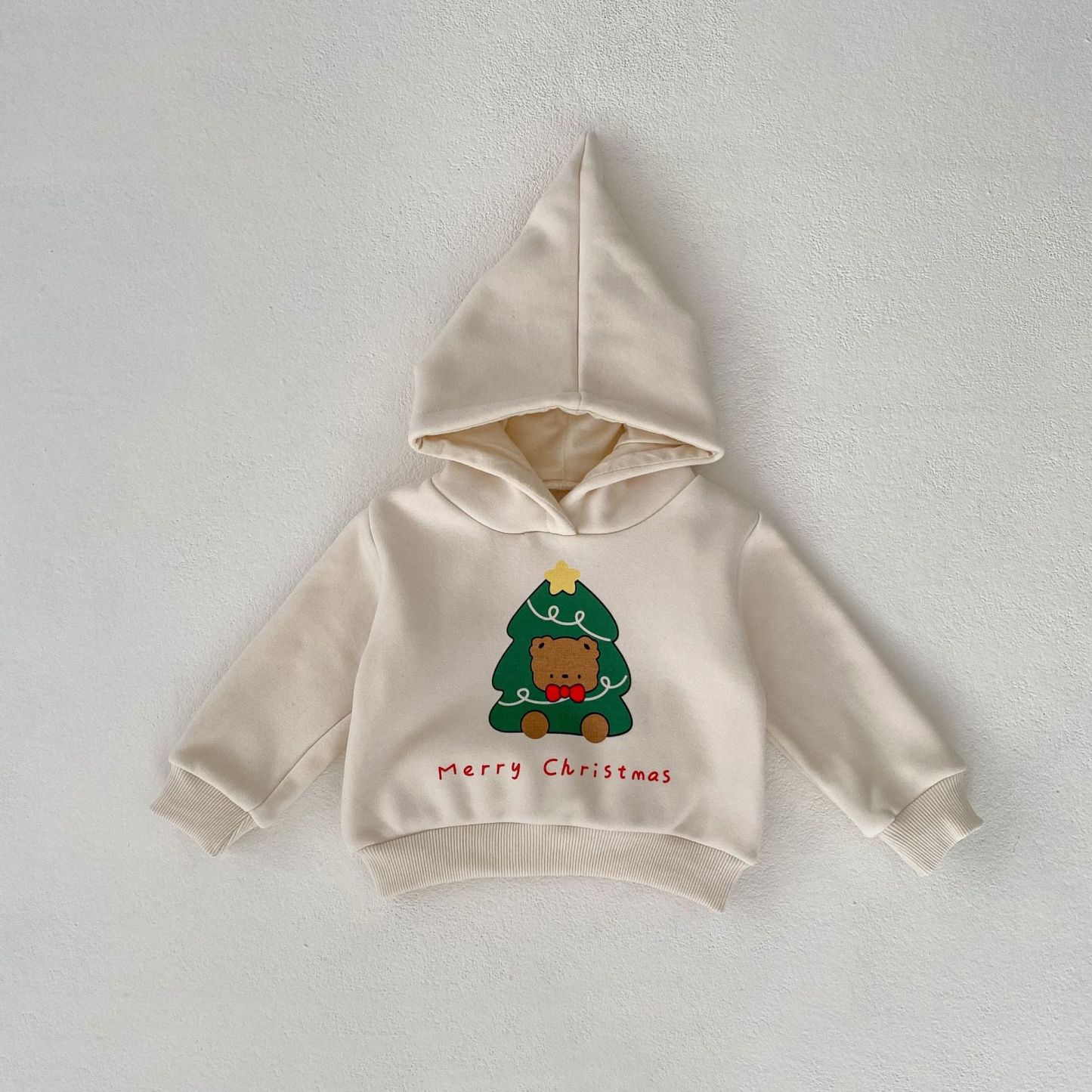 Bayby Toddler Girl Christmas Tree with Bear Print Long Sleeve Hooded Sweatshirt and Plaid Skirt-kissminis