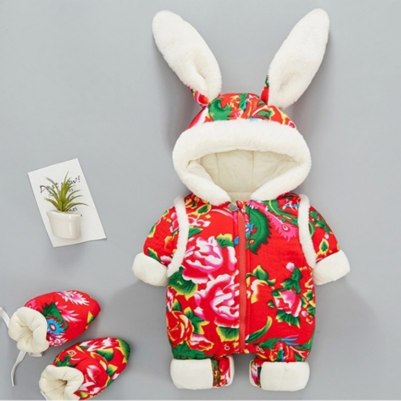 Baby Boy/Girl Winter Thicken Rabbit Ear Design Flower Pattern Cotton Romper-kissminis