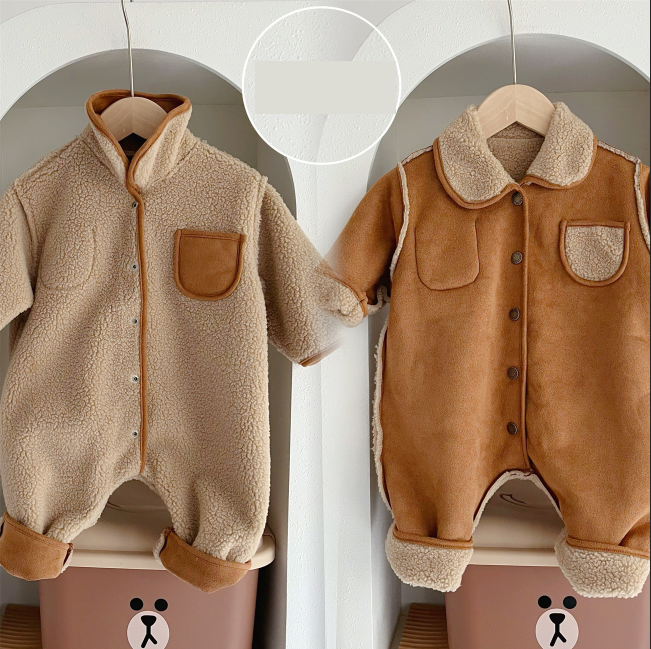 Baby Boy/Girl Winter Thicken Fluff Ins Style Solid Color Long Sleeves Romper-kissminis