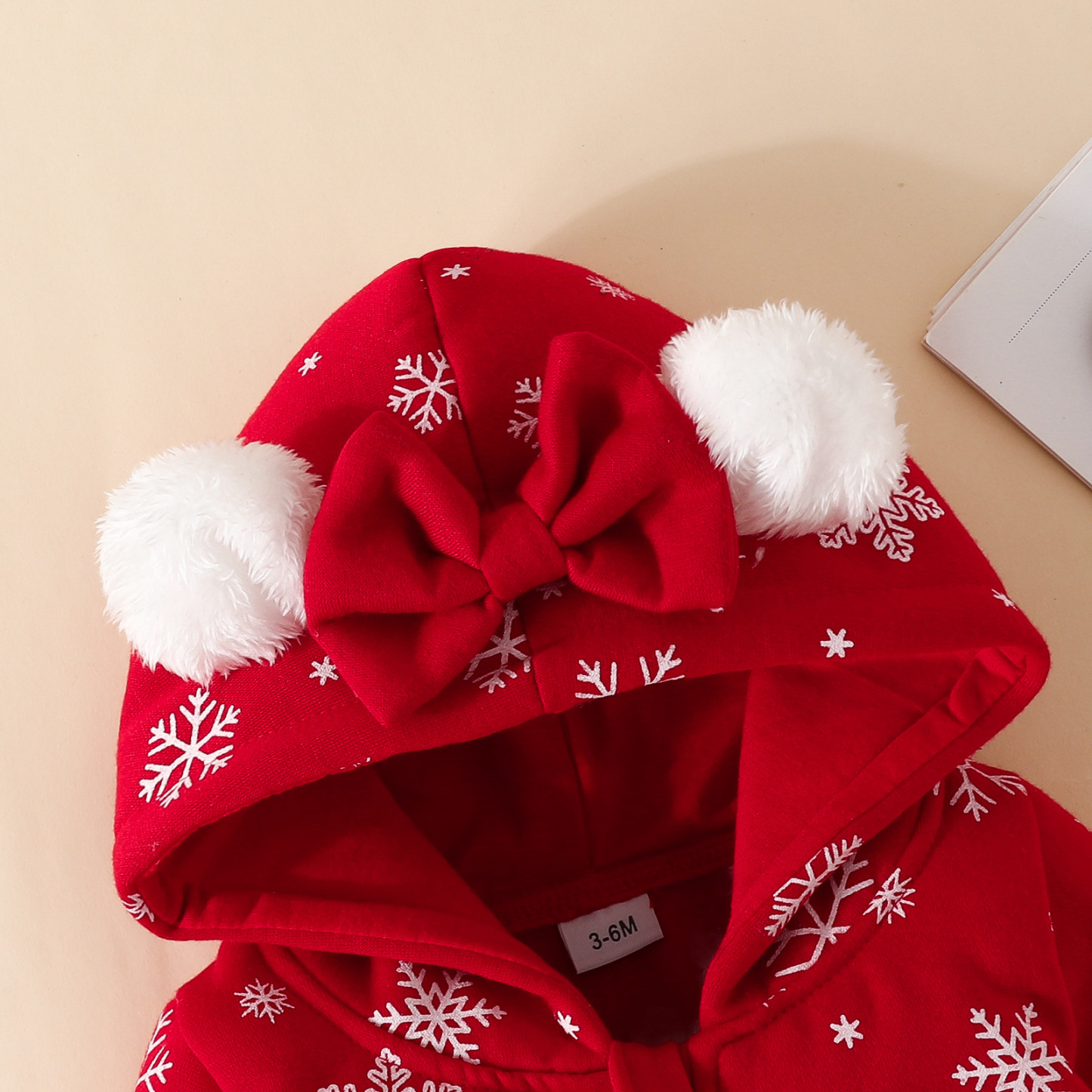 Newborn Baby Girl Christmas Bowknot Ear Design Long Sleeve Hooded Romper-kissminis