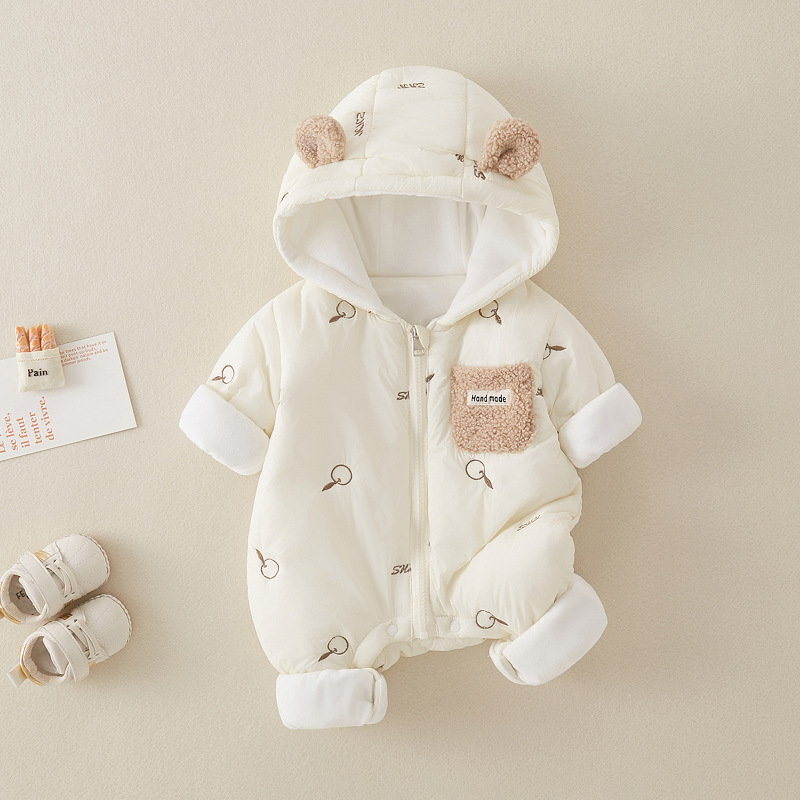 Baby Boy/Girl Winter Allover Apple Pattern and Bear Ears Design Long Sleeve Hooded Romper-kissminis