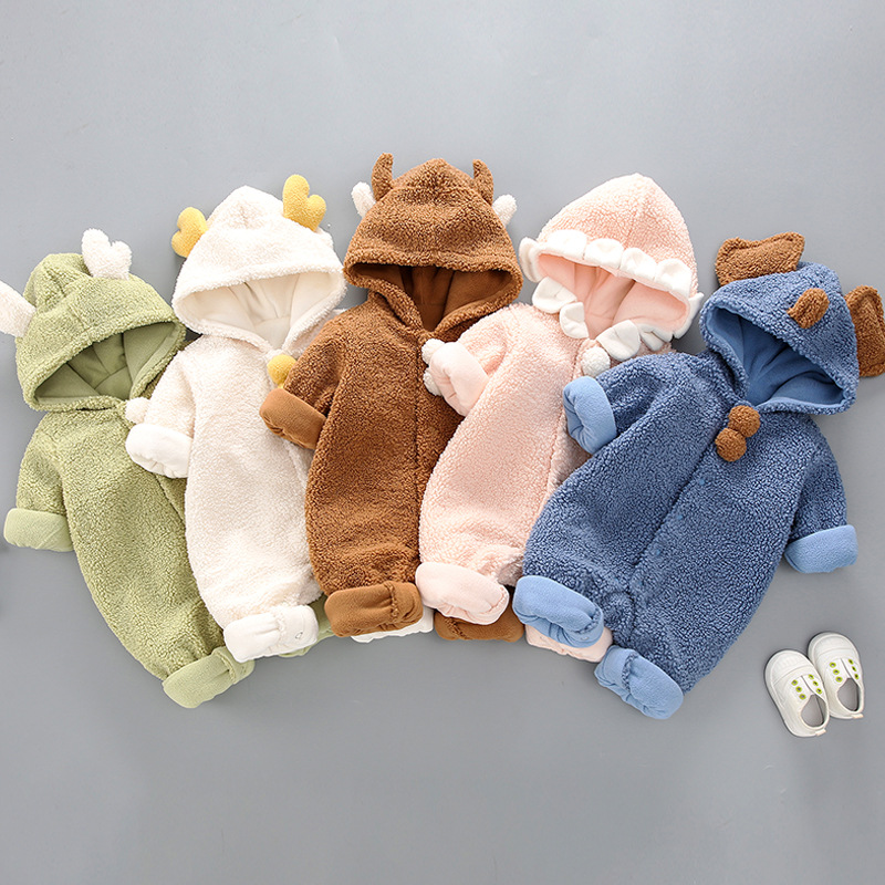 Baby Boy/Girl Solid Color Winter Fluff Hood Romper-kissminis