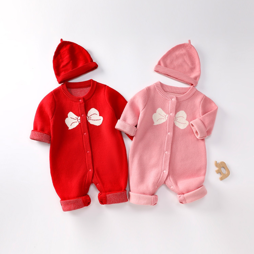 2pcs Baby Boy/Girl Bowknot Graphic Long Sleeve Knitted Romper with Hat Set-kissminis