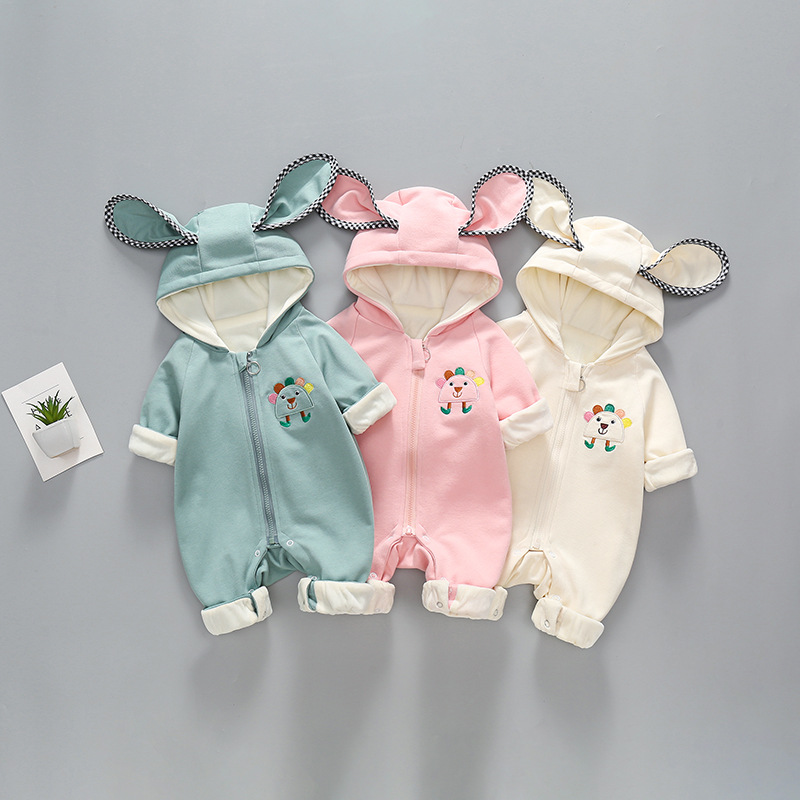 Baby Boy/Girl Cartoon Graphic Big Ear Design Hooded Hooded Long Sleeve Romper-kissminis