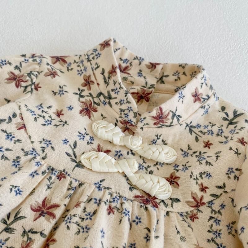 Baby Girl Cheongsam Buckle Overall Floral Puff-sleeve Long Sleeve Simple and Fresh Bodysuit
