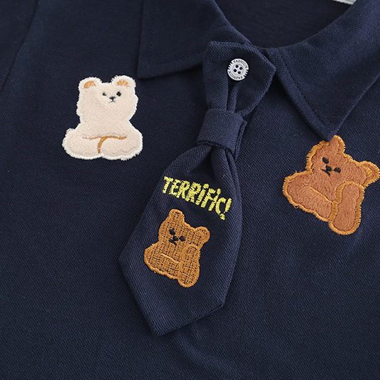 2pcs Bear Embroidery and Tie Detail Denim Shorts Set