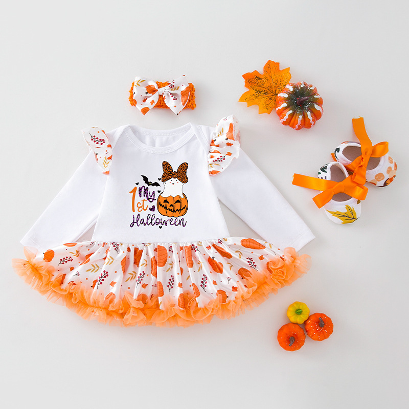 3pcs Newborn Baby Girl Hallowen Wacky Pumpkin Cartoon Print Long Sleeve Dress Set-kissminis
