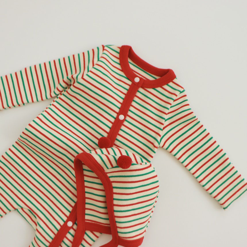 2pcs Baby Boy/Girl Christmas Stripe Long Sleeve Romper and Hat Set-kissminis